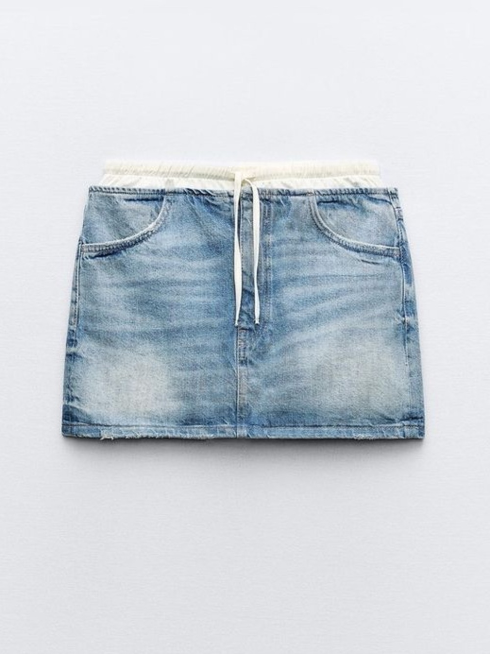 Zara Women’s Denim Mini Skirt Paneled Drawstring Waist Light Blue Large